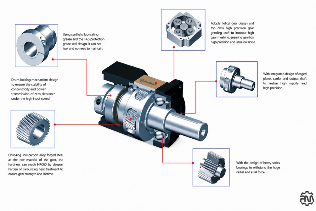 PreciMotion precision planetary gearbox cutaway with engineering features